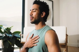 calm man or home for breathing routine