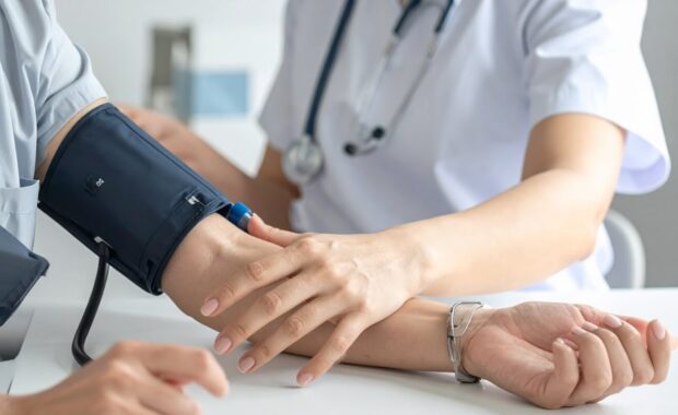 doctor checks patient's blood pressure with cuff and stethoscope in a medical