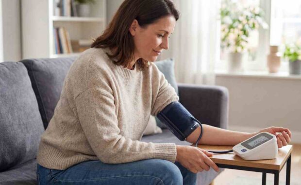 Woman Sitting on Couch at Home Checking Blood Pressure with Digital Monitor