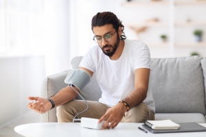 Young Man Checking Blood Pressure at Home by Correctly Positioning the Arm