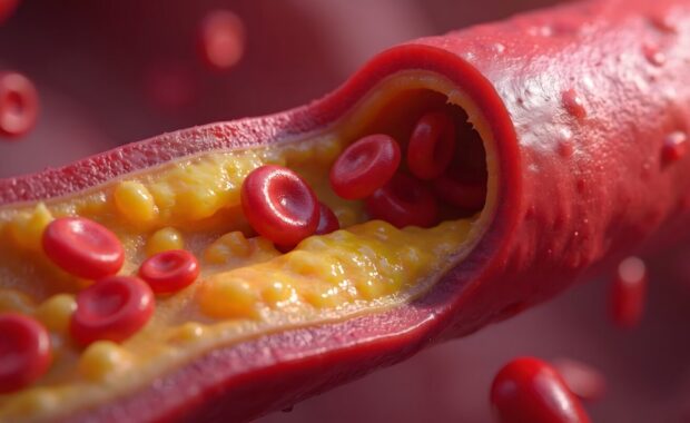 3d medical illustration of narrowed artery filled with cholesterol plaque and multiple red blood cells
